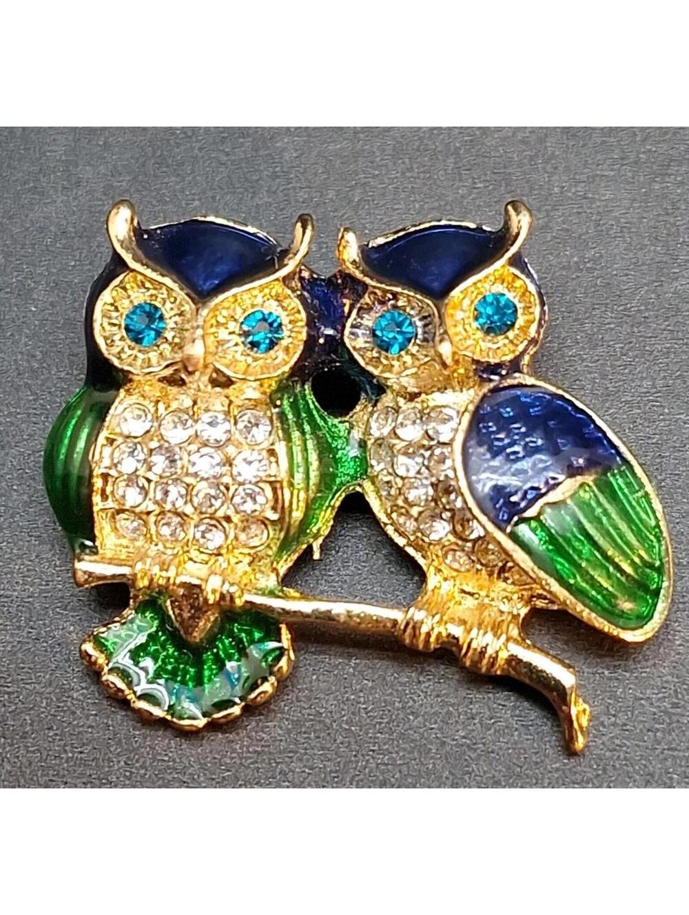 Vintage Enamel Owl Brooch Rhinestones Women's Jewelry Accessory Pin